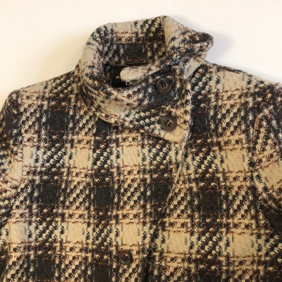 DKNY Coat 10 Tweed Brown Cream Check Plaid Pockets Belt Wool Excellent Condition - Picture 9 of 10